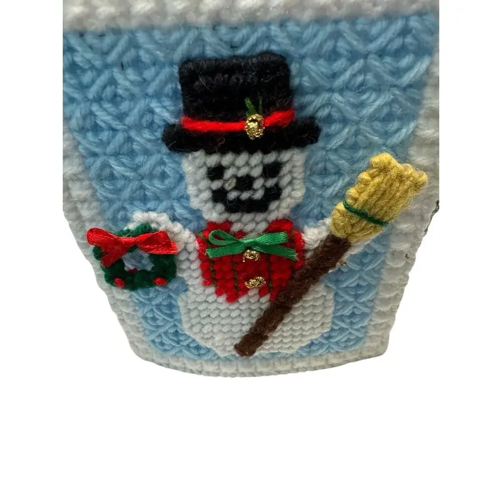 VTG Needle Point Plastic Frosty Snowman Tissue Box Cover Completed Grannycore